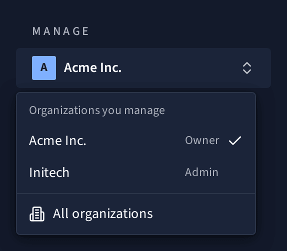 The organization switcher open under Manage, listing the organizations you manage.