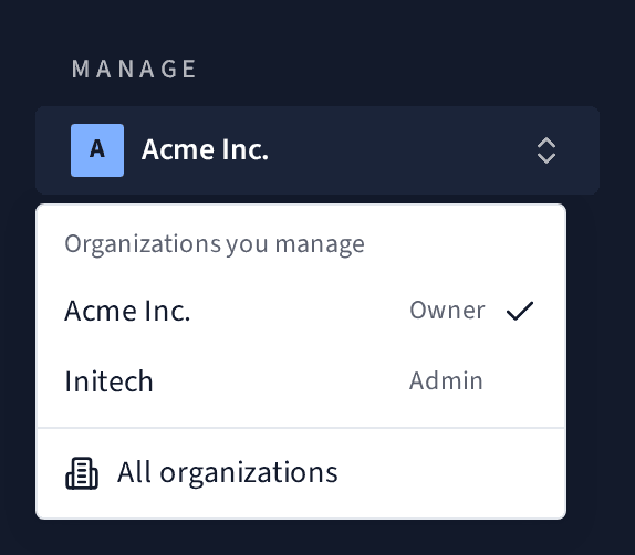 The organization switcher open under Manage, listing the organizations you manage.