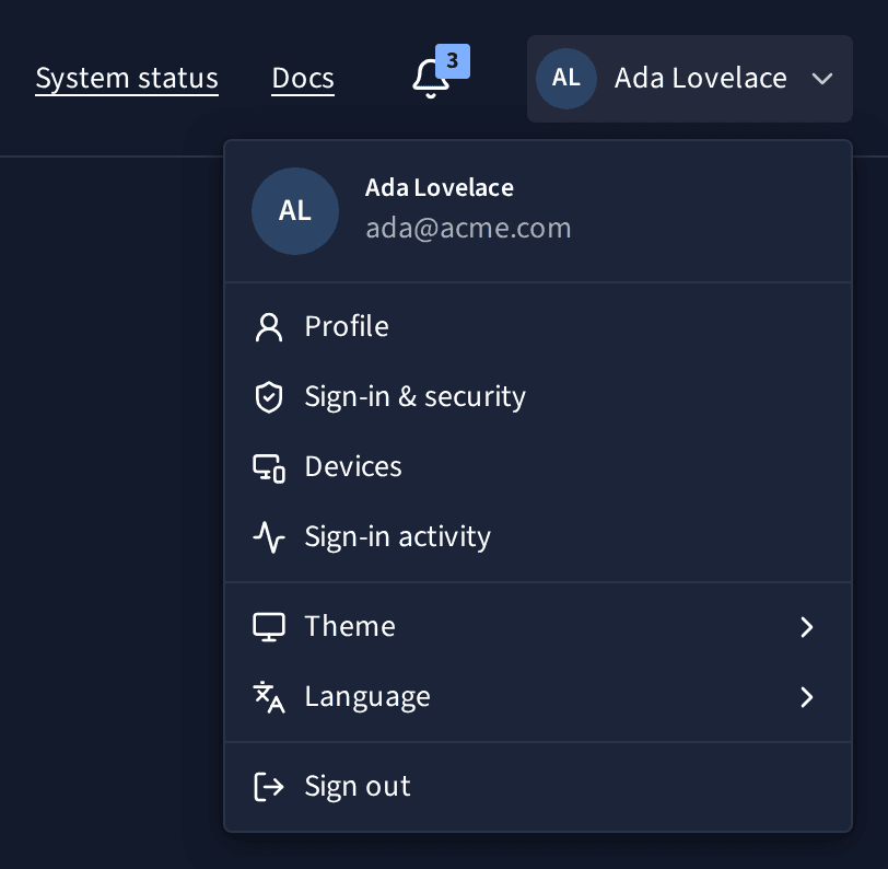 The account menu open under your name: your account pages, Theme, Language and Sign out.