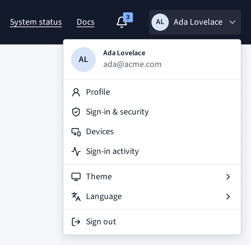 The account menu open under your name: your account pages, Theme, Language and Sign out.