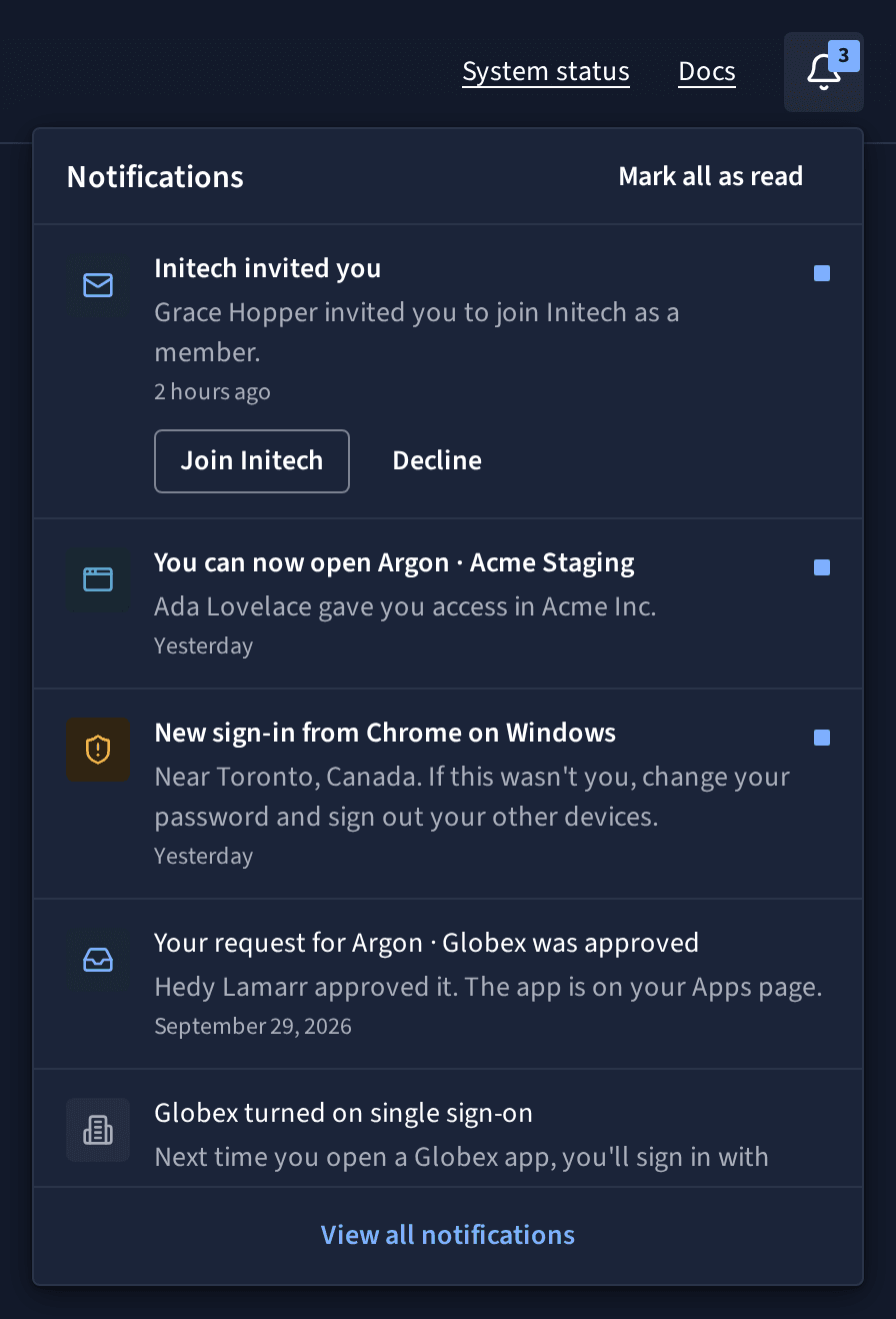 The notifications panel open under the bell, newest first, with a dot beside each unread one.
