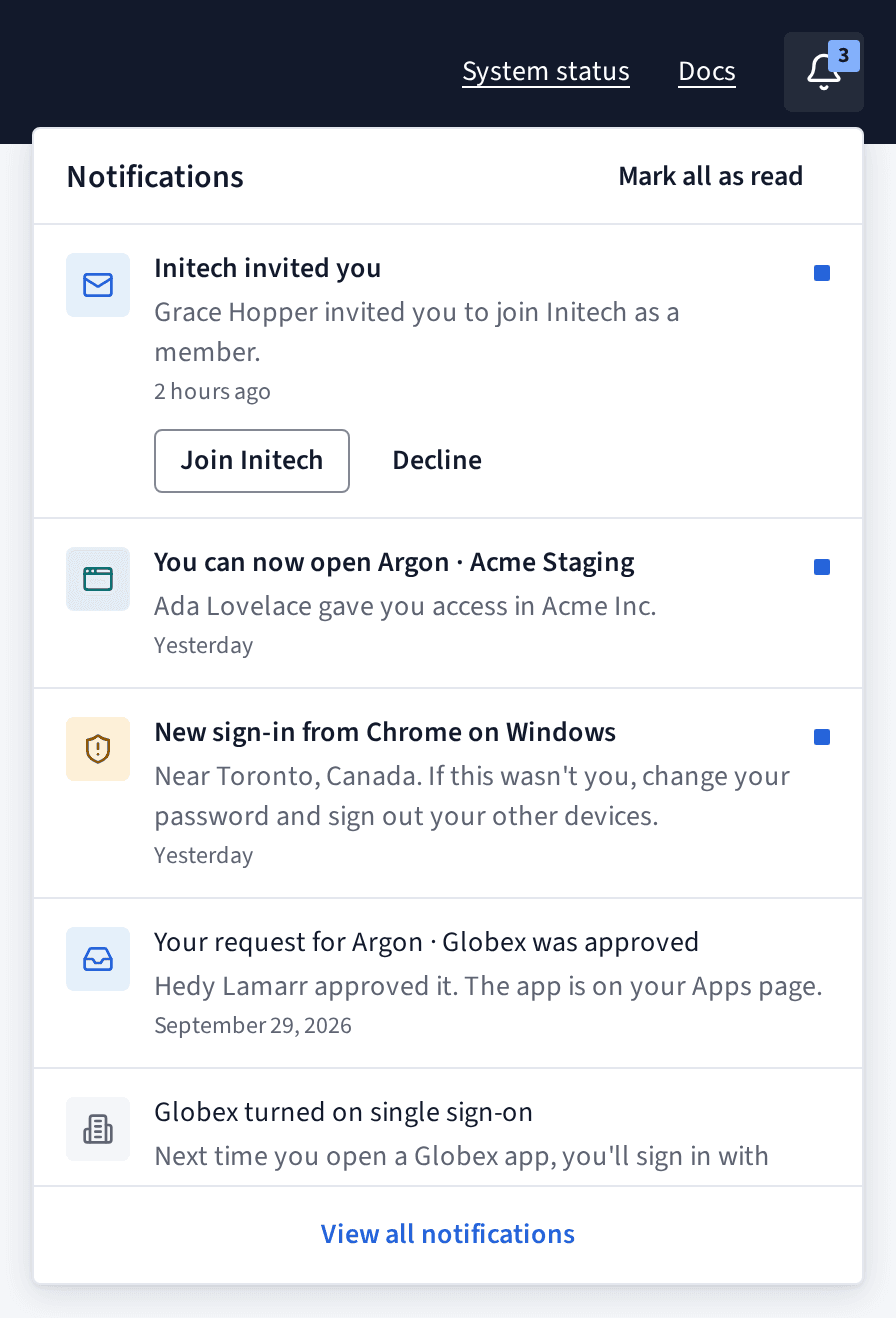 The notifications panel open under the bell, newest first, with a dot beside each unread one.