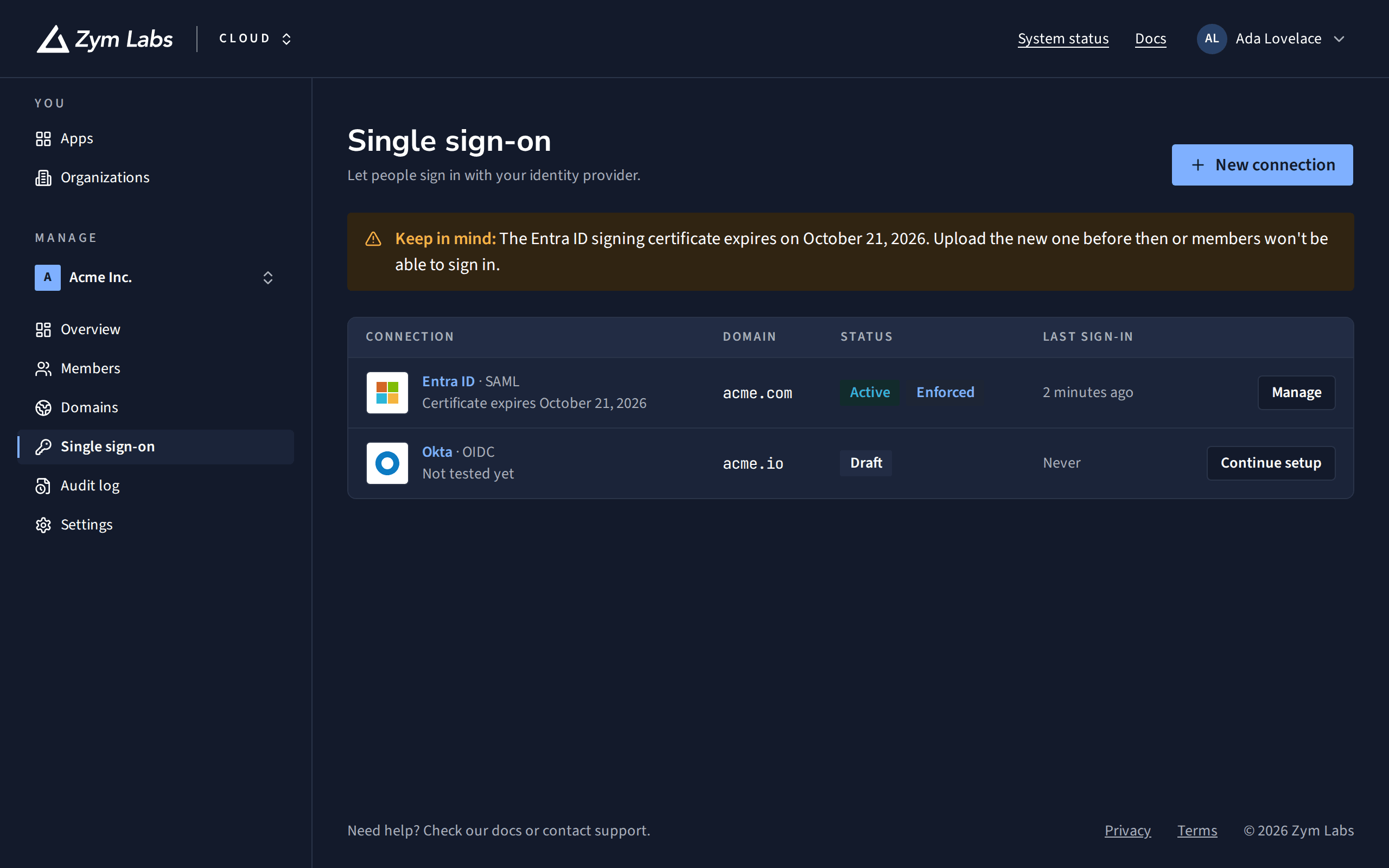 The Single sign-on page: an active, required Entra ID connection and a draft Okta connection.