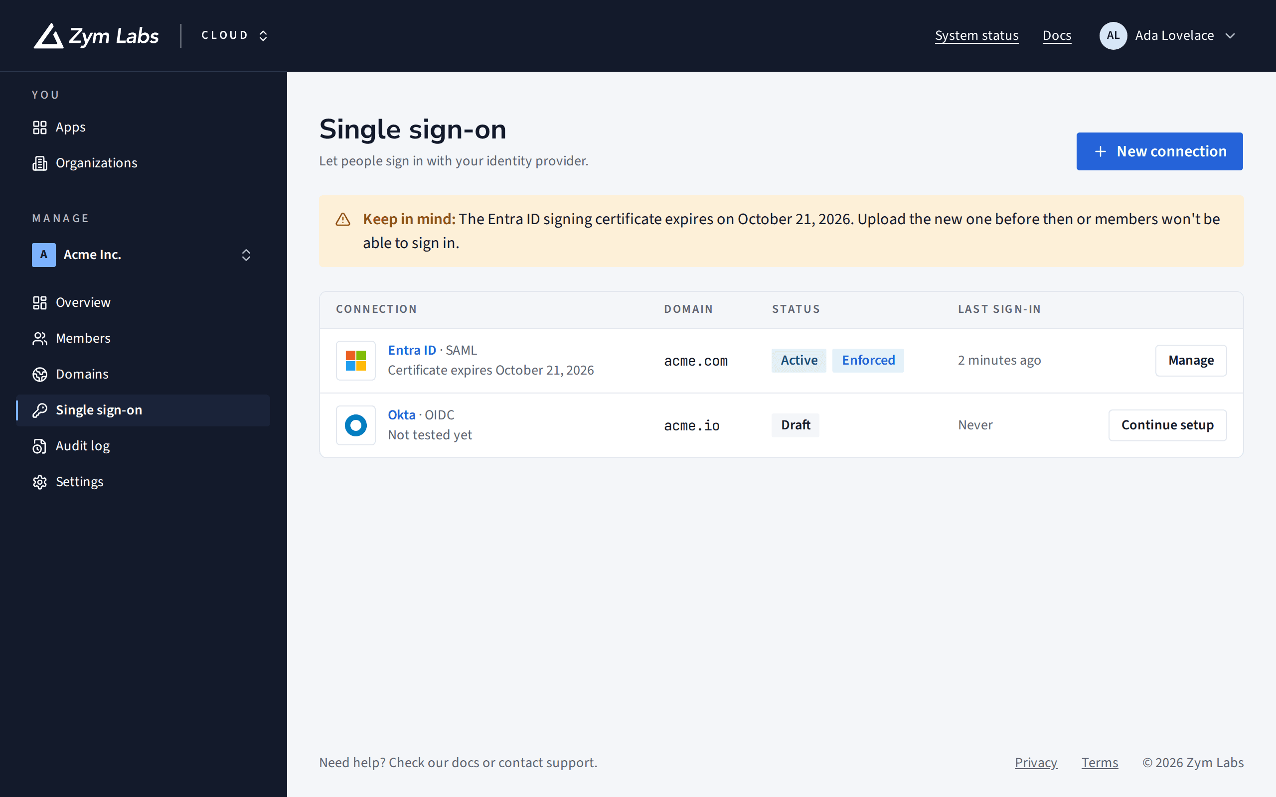 The Single sign-on page: an active, required Entra ID connection and a draft Okta connection.